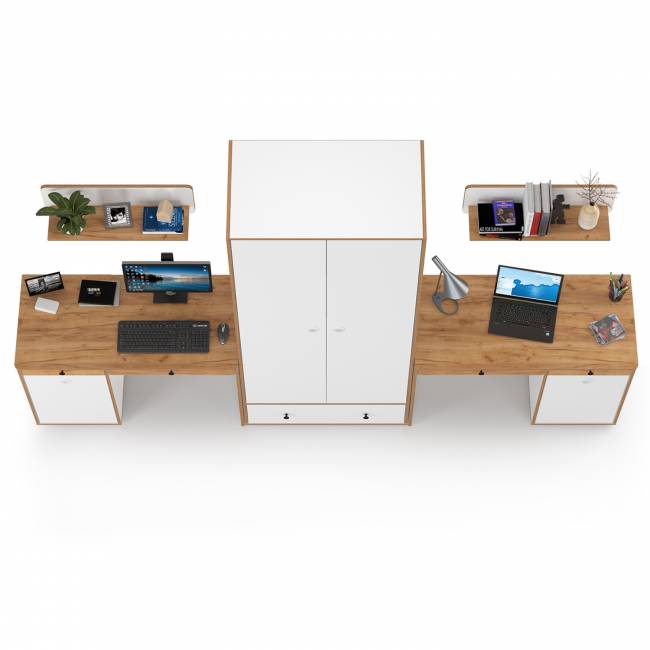 Два стола для учёбы, шкаф и две открытых полки Вуди цвет белый премиум/дуб крафт золотой Два стола для учёбы, шкаф и две открытых полки Вуди цвет белый премиум/дуб крафт золотой