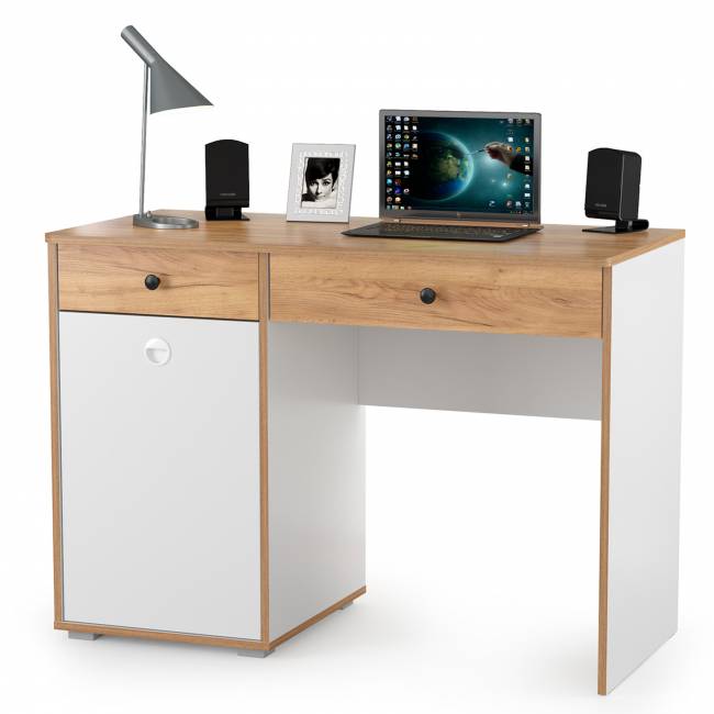 Два стола для учёбы, шкаф и две открытых полки Вуди цвет белый премиум/дуб крафт золотой Два стола для учёбы, шкаф и две открытых полки Вуди цвет белый премиум/дуб крафт золотой