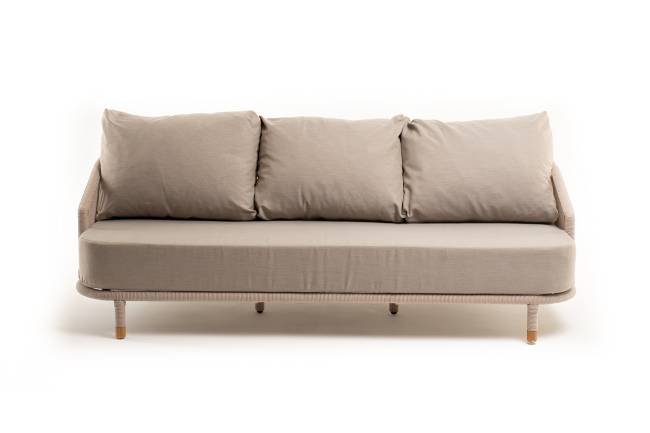 "Верона" диван 3-местный плетеный из роупа, каркас алюминий белый муар, роуп бежевый круглый, ткань бежевая 052 "Верона" диван 3-местный плетеный из роупа, каркас алюминий белый муар, роуп бежевый круглый, ткань бежевая 052