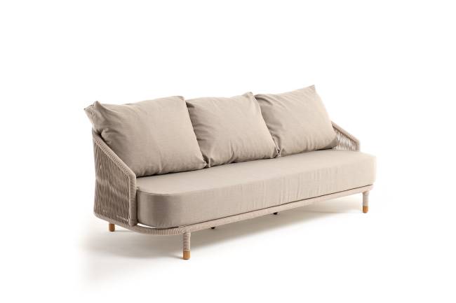 "Верона" диван 3-местный плетеный из роупа, каркас алюминий белый муар, роуп бежевый круглый, ткань бежевая 052 "Верона" диван 3-местный плетеный из роупа, каркас алюминий белый муар, роуп бежевый круглый, ткань бежевая 052