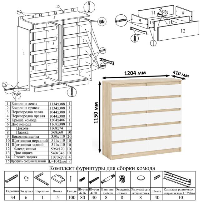 Большой комод МК1200.10 десять ящиков и письменный стол МСП1200 Мори цвет дуб сонома/белый