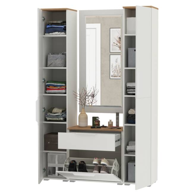 Два шкаф-пенала и обувница с ящиком с зеркалом Октава цвет белый шагрень/дуб крафт золотой