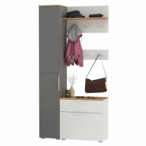 Обувница с пеналом для одежды и двумя вешалками Октава цвет белый шагрень/серый графит/дуб крафт золотой