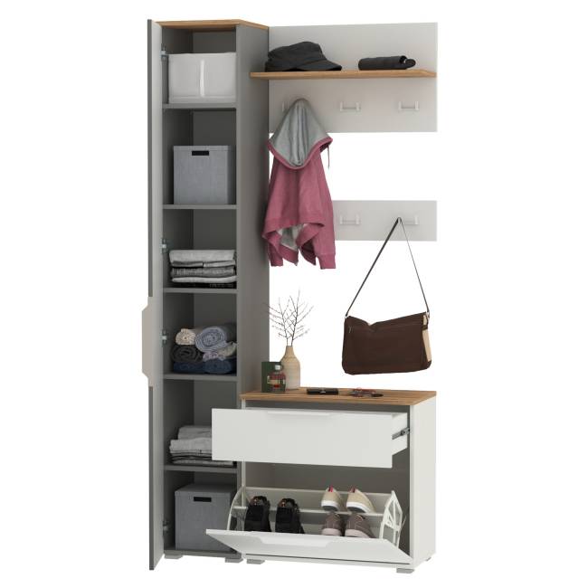 Обувница с пеналом для одежды и двумя вешалками Октава цвет белый шагрень/серый графит/дуб крафт золотой