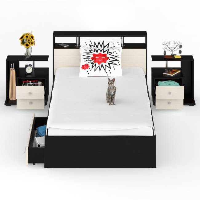 Кровать с ящиками 1200 Камелия + две тумбы цвет венге/дуб лоредо