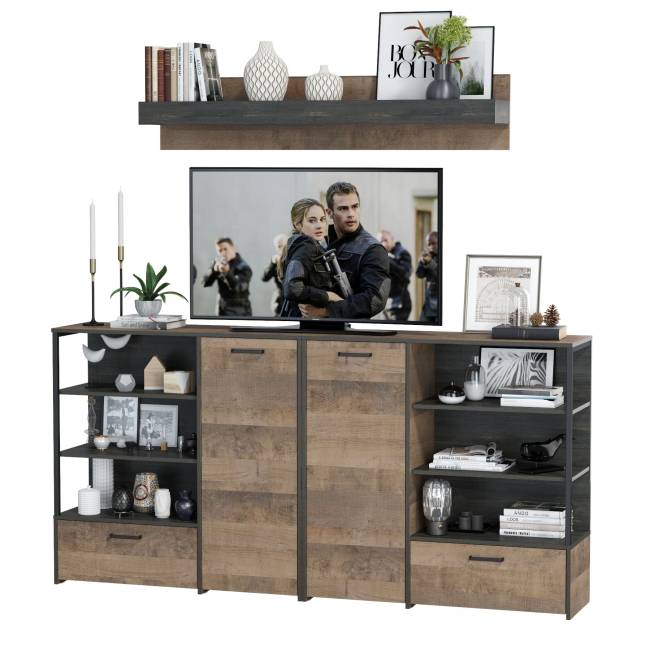 Два комода с дверками и ящиками и навесная полка Трувор цвет дуб гранж песочный/интра