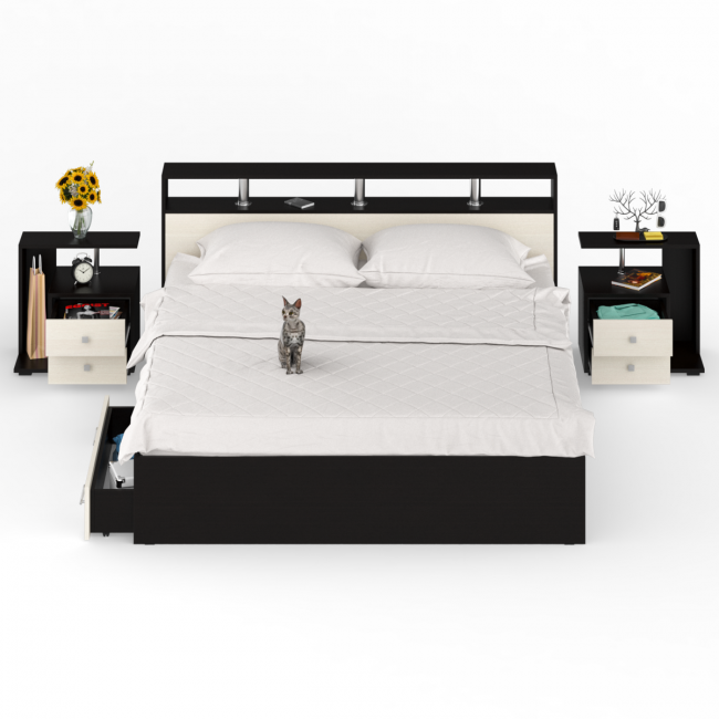 Кровать с ящиками 1800 Камелия + две тумбы цвет венге/дуб лоредо