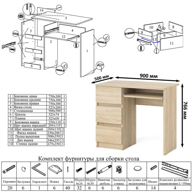 Стол компьютерный три ящика Мори МС-6 левый цвет дуб сонома