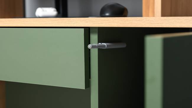 Рабочий компьютерный стол Комфорт 12.71 цвет гикори рокфорд натуральный/дымчатый зелёный