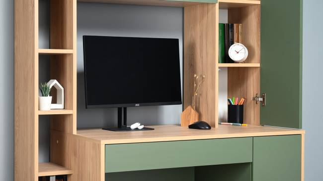 Рабочий компьютерный стол Комфорт 12.71 цвет гикори рокфорд натуральный/дымчатый зелёный