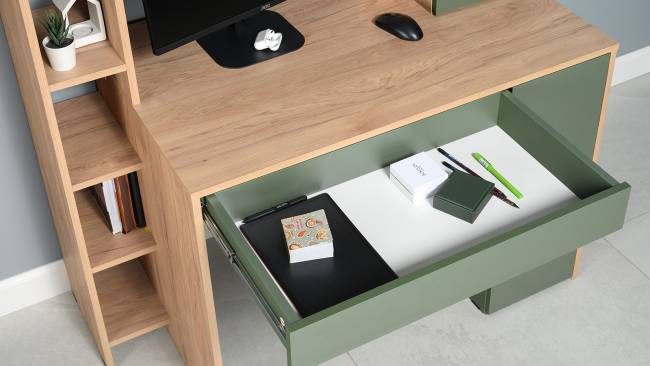 Рабочий компьютерный стол Комфорт 12.71 цвет гикори рокфорд натуральный/дымчатый зелёный