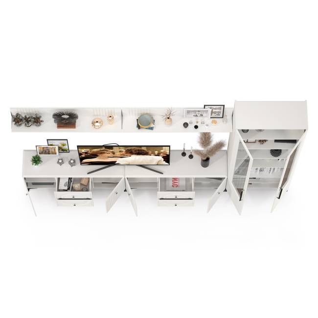 Две навесных полки с ТВ-тумбами и сервантом Валенсия цвет белый шагрень Две навесных полки с ТВ-тумбами и сервантом Валенсия цвет белый шагрень