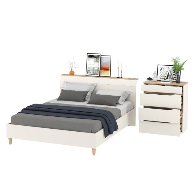 Комод четыре ящика Муссон и кровать со спальным местом 1600х200 цвет белый/дуб эндгрейн элегантный
